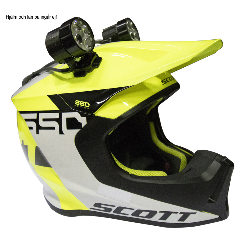 Gult och svart hjälm med fästen för GoPro-kamera.