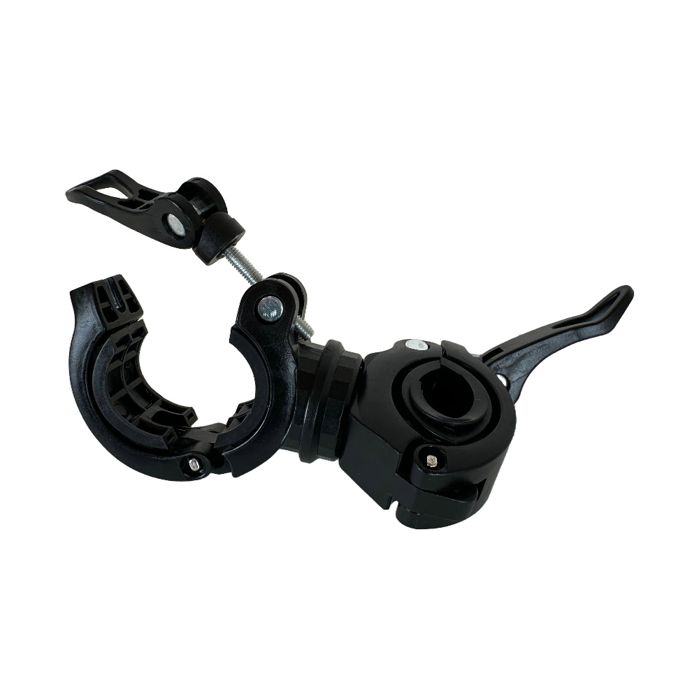 Roterbart cykelfäste med justerbar klämma för säker montering.