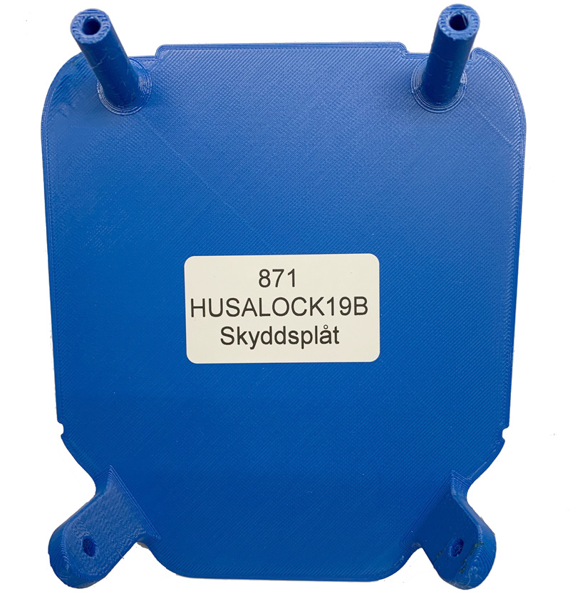 Skyddsplåt i blått för Husqvarna 2017-2019. Modell HUSALOCK19B.