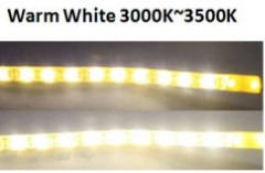 Bild av LED-tape med varmt vitt ljus, visar färgtemperatur mellan 3000K och 3500K.