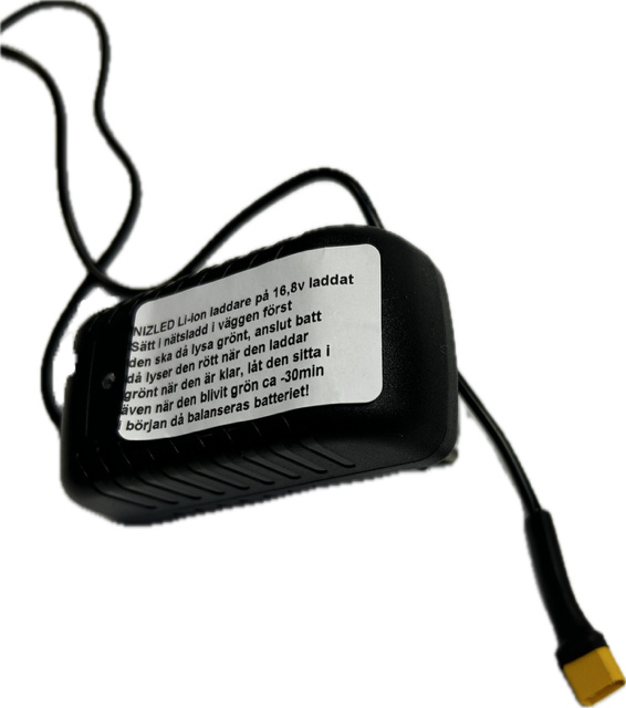 Laddare för LED-lampa, 16,8V, med instruktioner och balanseringsfunktion.