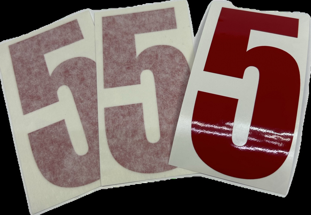 Röda sifferdekaler, siffran 5, storlek 10x5 cm.