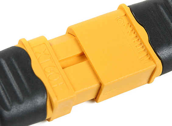 XT60-kabelskarv med gult plastlock, avsedd för ström på upp till 60 Amp.