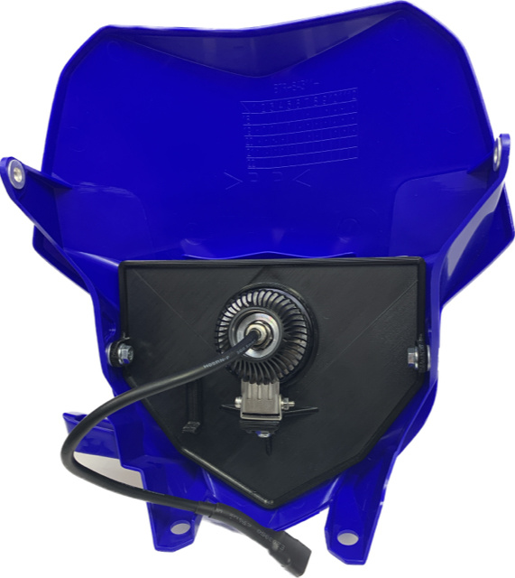 Singelkåpa i blå plast för Yamaha, med monteringsdelar och kabel.