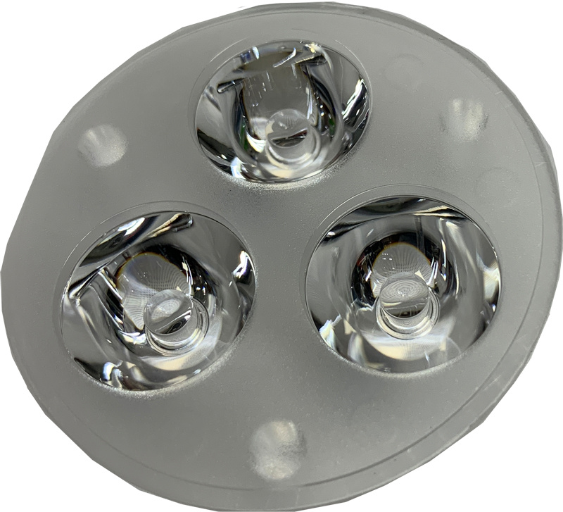 En rund lins med tre optiska avdelningar för E30-lampa.