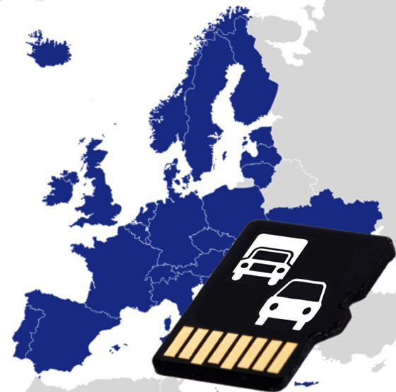 SD-kort med symboler för lastbil och personbil över en karta av Europa.