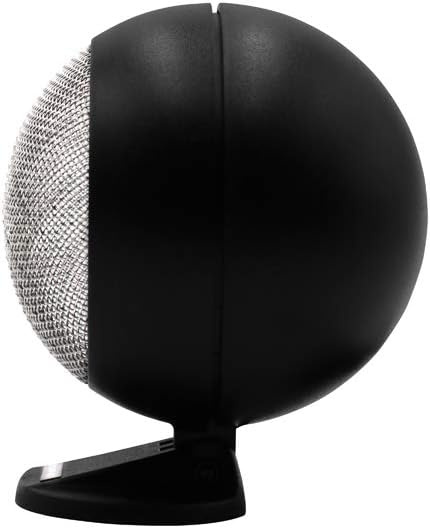 Rund svart högtalare med metallgaller, retrostil och lutande bas.