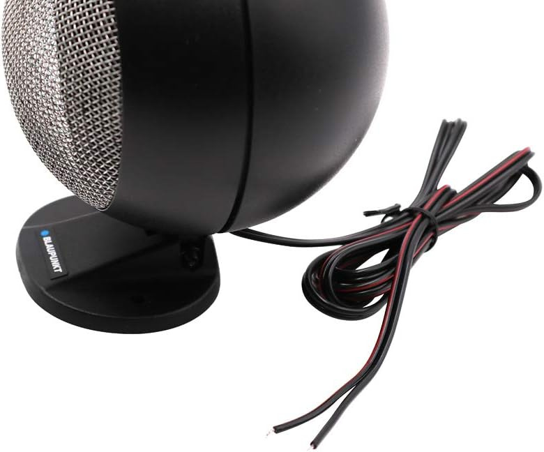 Svart rund högtalare med nätgaller och kablar för anslutning. Retrodesign.