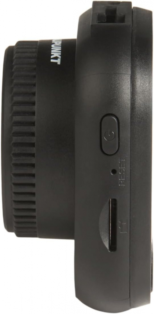 En svart dashcam med knapp och plats för minneskort.