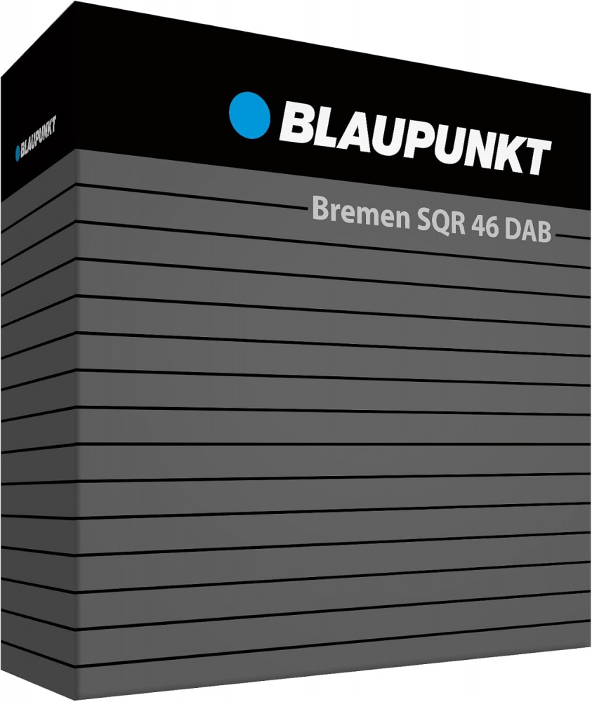 En svart och grå förpackning för Blaupunkt Bremen SQR 46 DAB bilstereo.