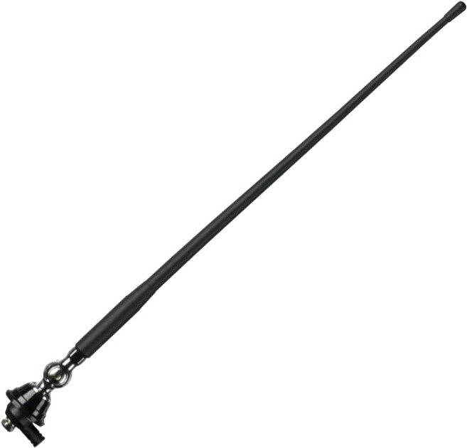 En lång sprötantenn med svart färg och en gir för montering.