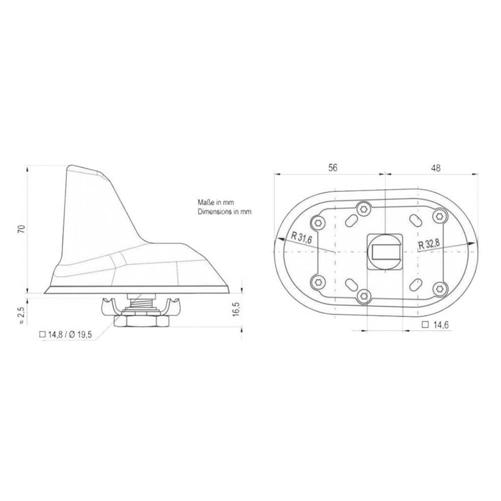 Takantenn med mått och design för DAB/DAB+/AM/FM och GPS.