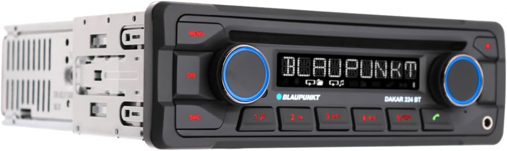 En bilstereo med Bluetooth och fyra knappar, med en digital display.