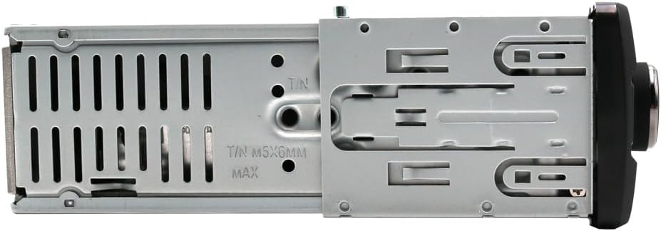 En metallram för stereo med monteringsdetaljer och kontroller.