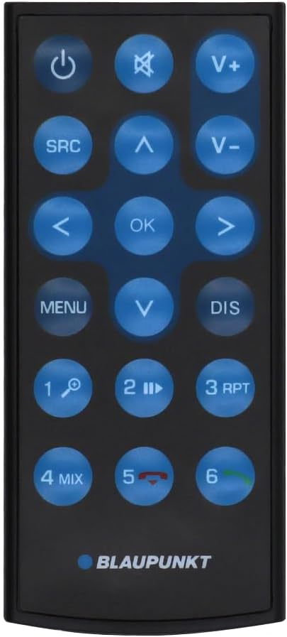 Fjärrkontroll med knappar och blå belysning för Blaupunkt-enhet.