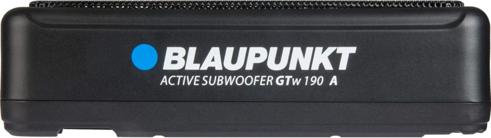 En svart aktiv subwoofer med Blaupunkt-logotyp.