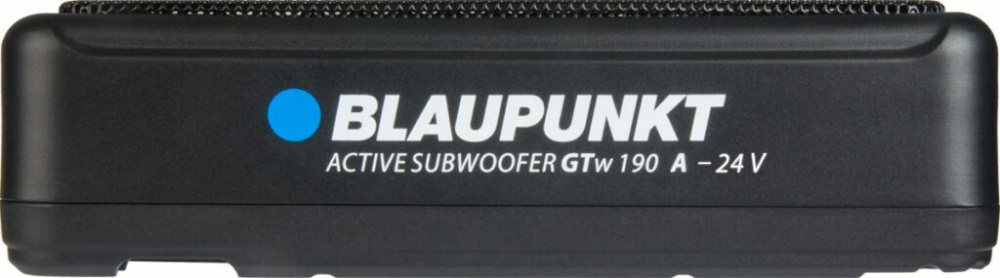 En kompakt aktiv subwoofer med Blaupunkt-logotyp och 24V märkning.