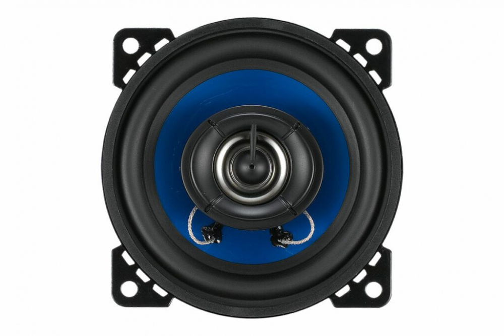 En rund koaxialhögtalare med blå accent och svarta detaljer.