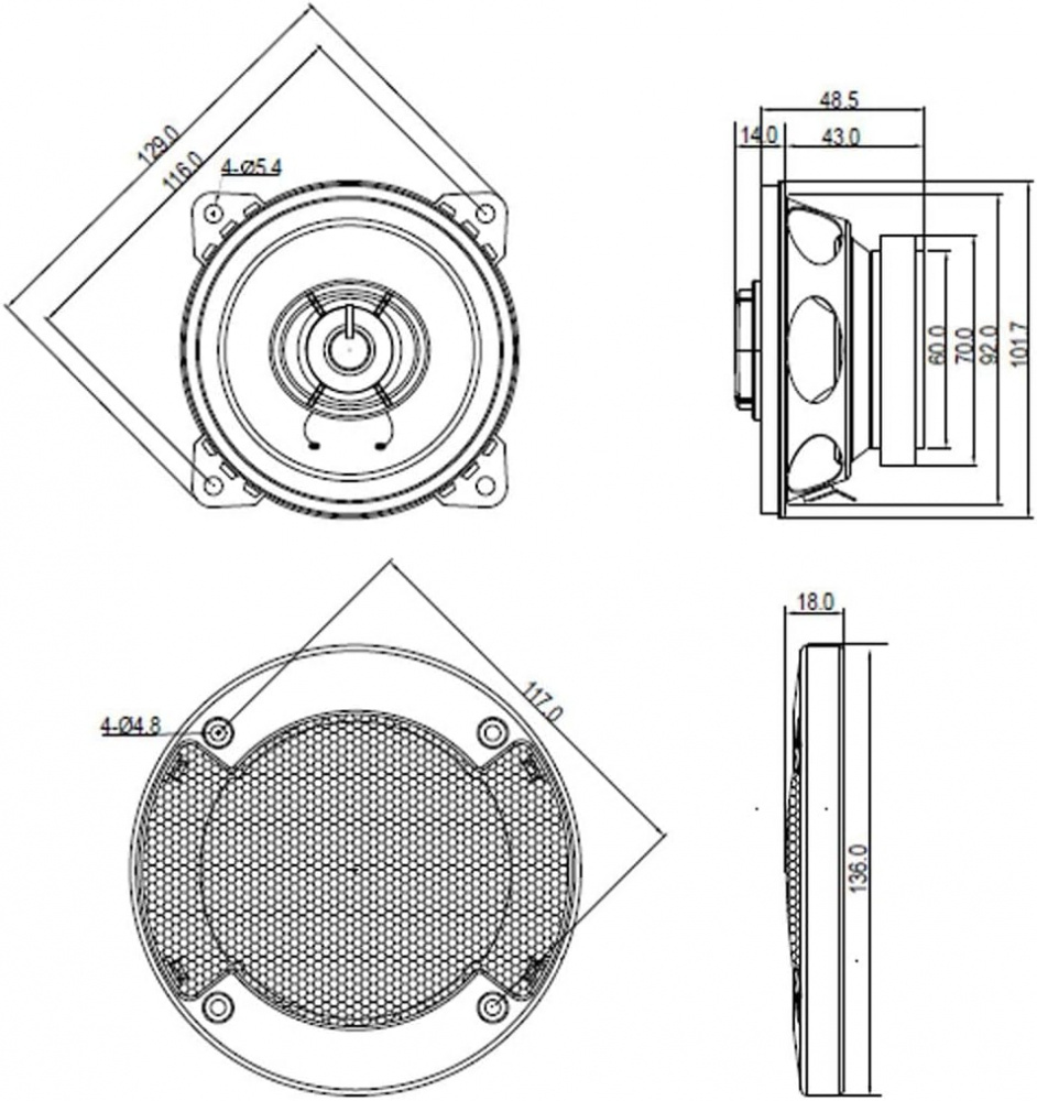 Koaxialhögtalare med tekniska mått och detaljerad design.