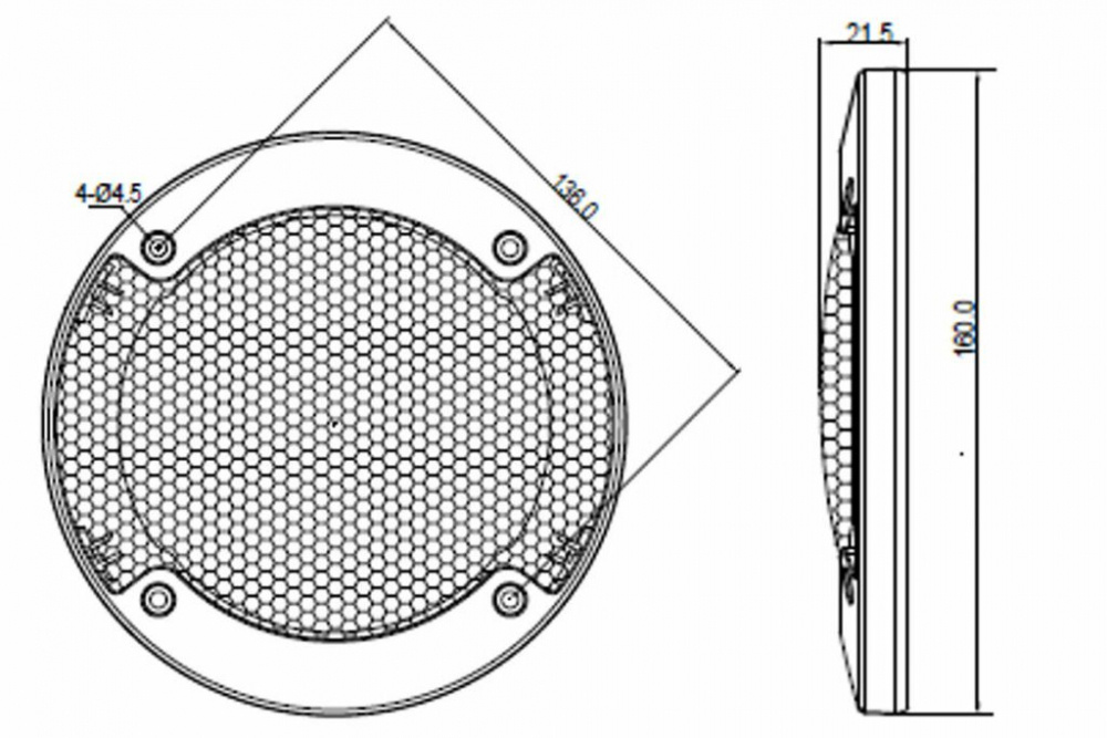 En teknisk ritning av en 5.25 tums koaxialhögtalare med mått.