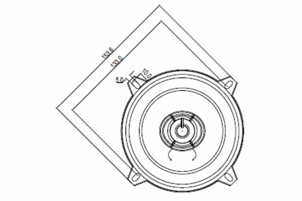 En ritning av en koaxialhögtalare med mått och detaljer.