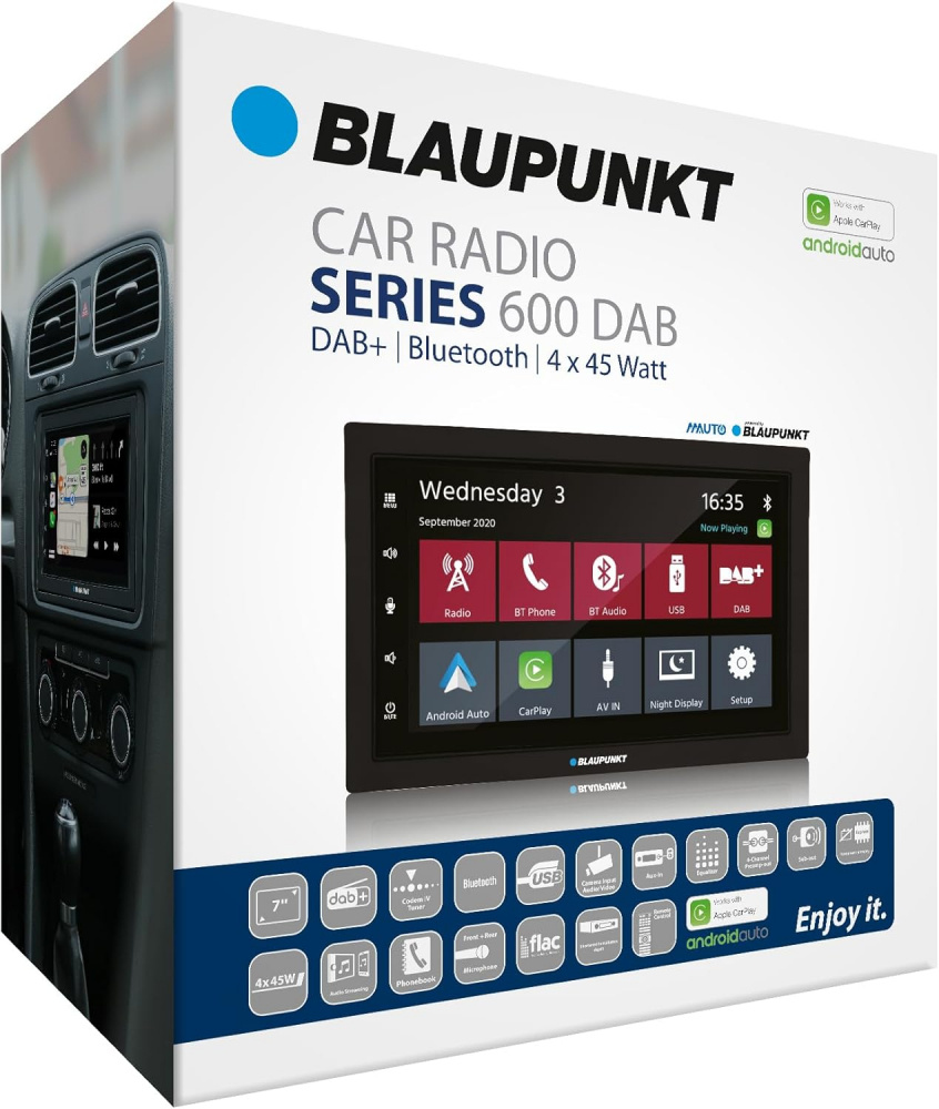 Förpackning av Blaupunkt Oslo 600 DAB bilstereo med funktioner som DAB och trådlös CarPlay.