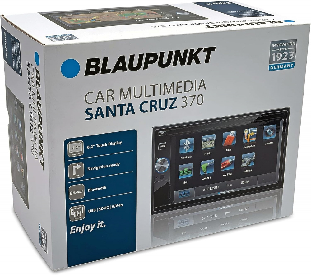 En kartong med Blaupunkt Santa Cruz 370 multimediaenhet för bil.