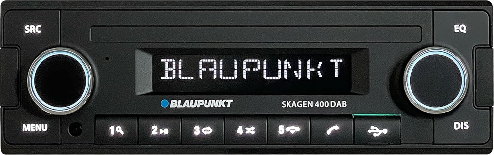 Retro bilstereo med Bluetooth och DAB+, skärm och knappar för navigering.