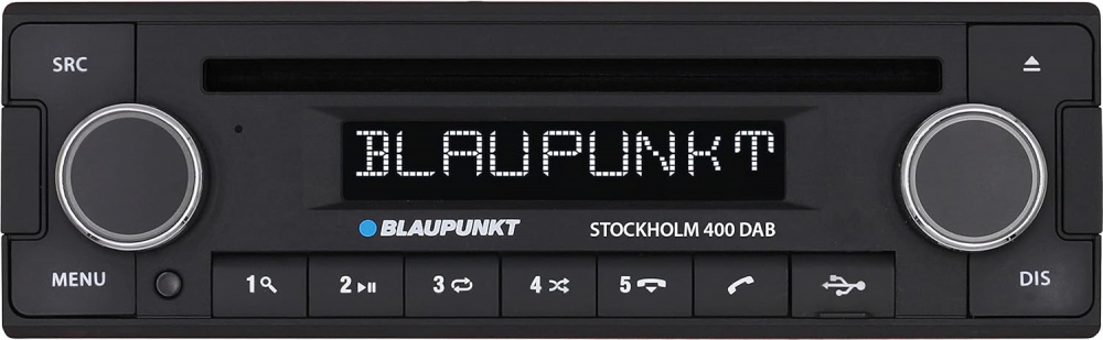 Retro bilstereo med Bluetooth och DAB+, svart, enkel design.
