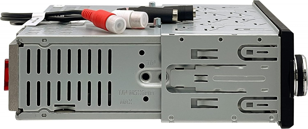 Retro bilstereo med DAB+, Bluetooth och anslutningar på sidan.