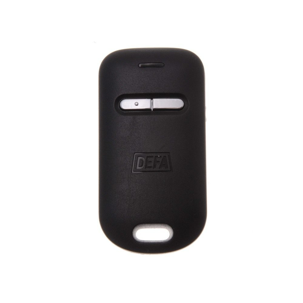 Svart fjärrkontroll med två knappar och DEFA-logotyp.