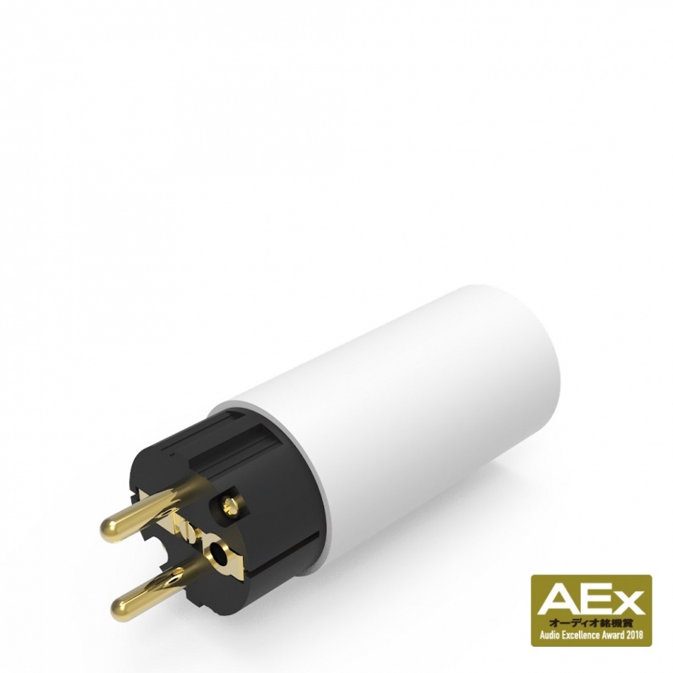 Ett aktivt nätfilter i form av en cylinder med kontakt och guldpläterade stift.