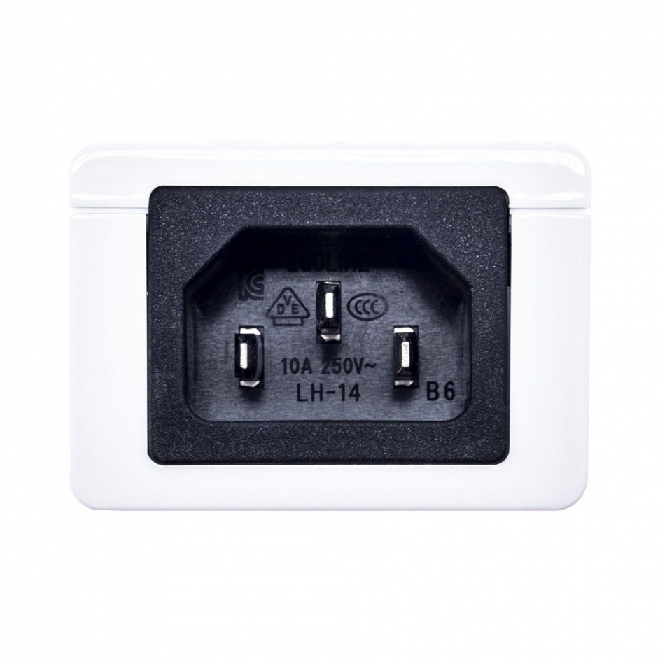 En vit likströmseliminator med en kontakt för eluttag.