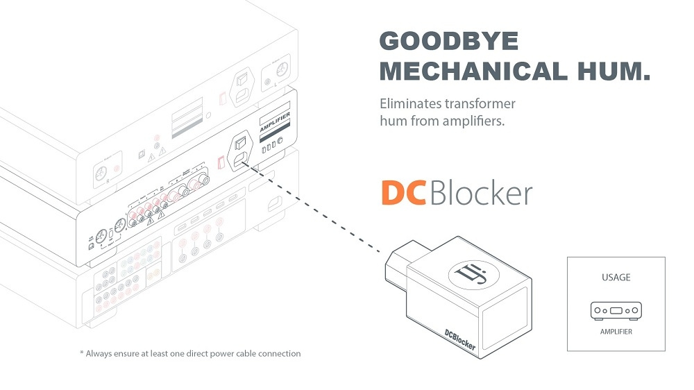 Produktbeskrivning av iFi Audio DC Blocker Plus för att eliminera brum från förstärkare.