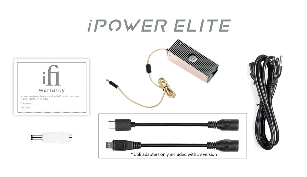 Nätadapter med tillbehör och garantidokument för iFi Audio iPower Elite.