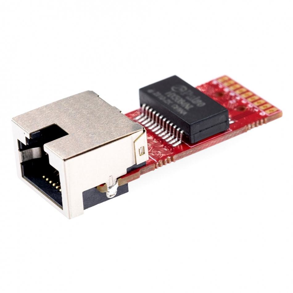 En liten elektronisk enhet med Ethernet-kontakt och kretskort.