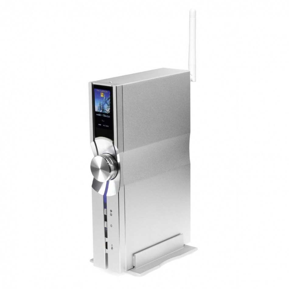 En silverfärgad nätverksspelare med en stor ratt och skärm.