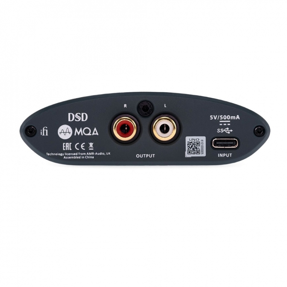 Baksidan av iFi Audio Uno med ingångar och utgångar för ljudanslutningar.