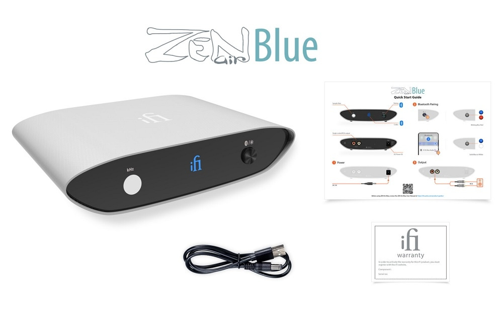 En produkt bild av iFi Audio Zen Air Blue med tillbehör och instruktioner.