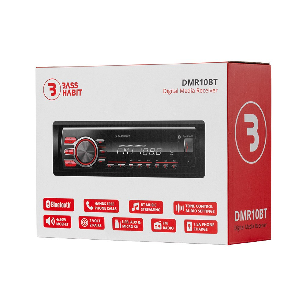 Bass Habit DMR10BT, bilstereo med Bluetooth, AUX, USB och 2 par lågnivå, returexemplar