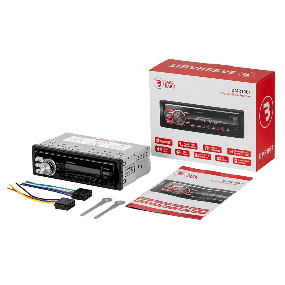 Bass Habit DMR10BT, bilstereo med Bluetooth, AUX, USB och 2 par lågnivå, returexemplar