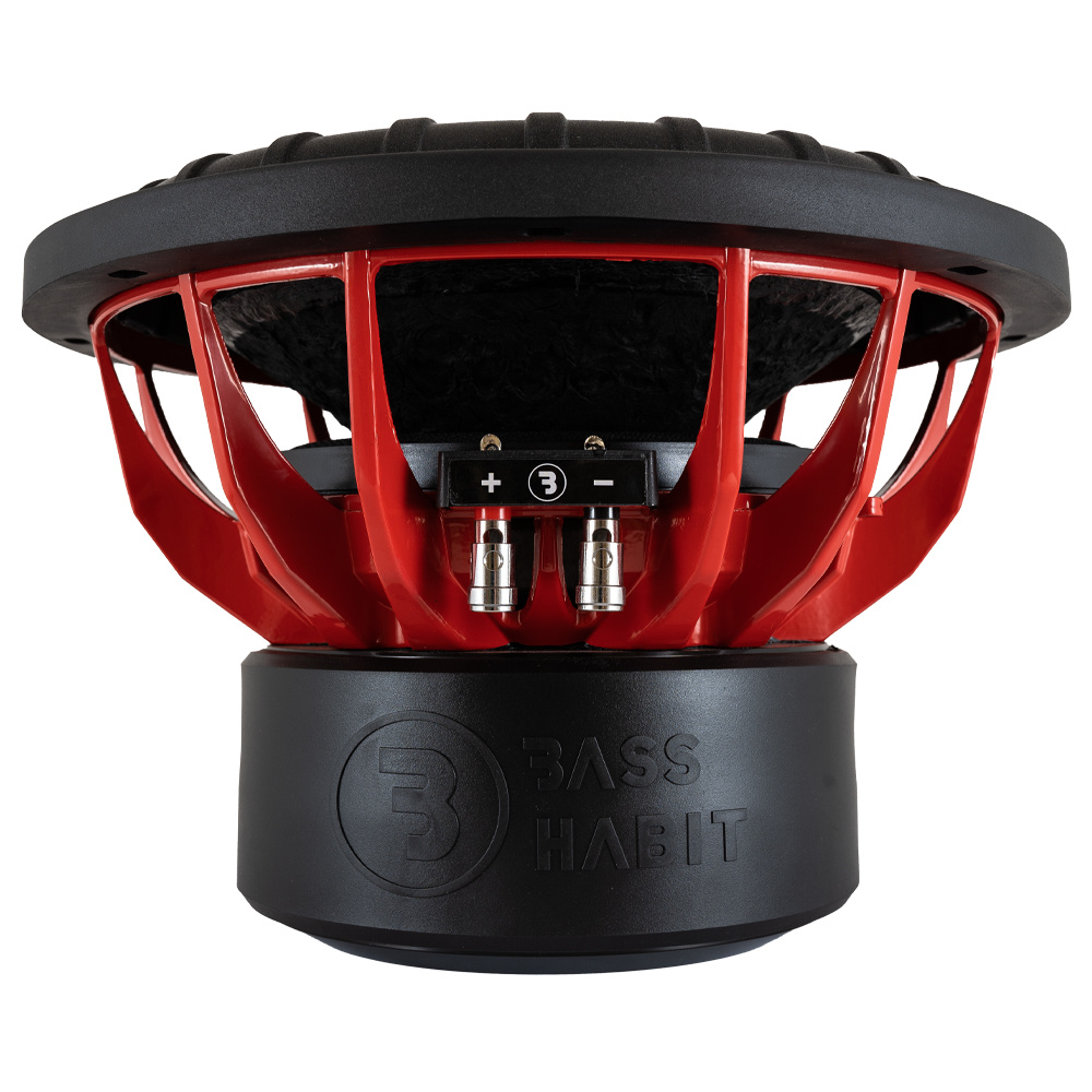 Ett 12-tums baselement med röd och svart design för kraftfull ljudprestanda.