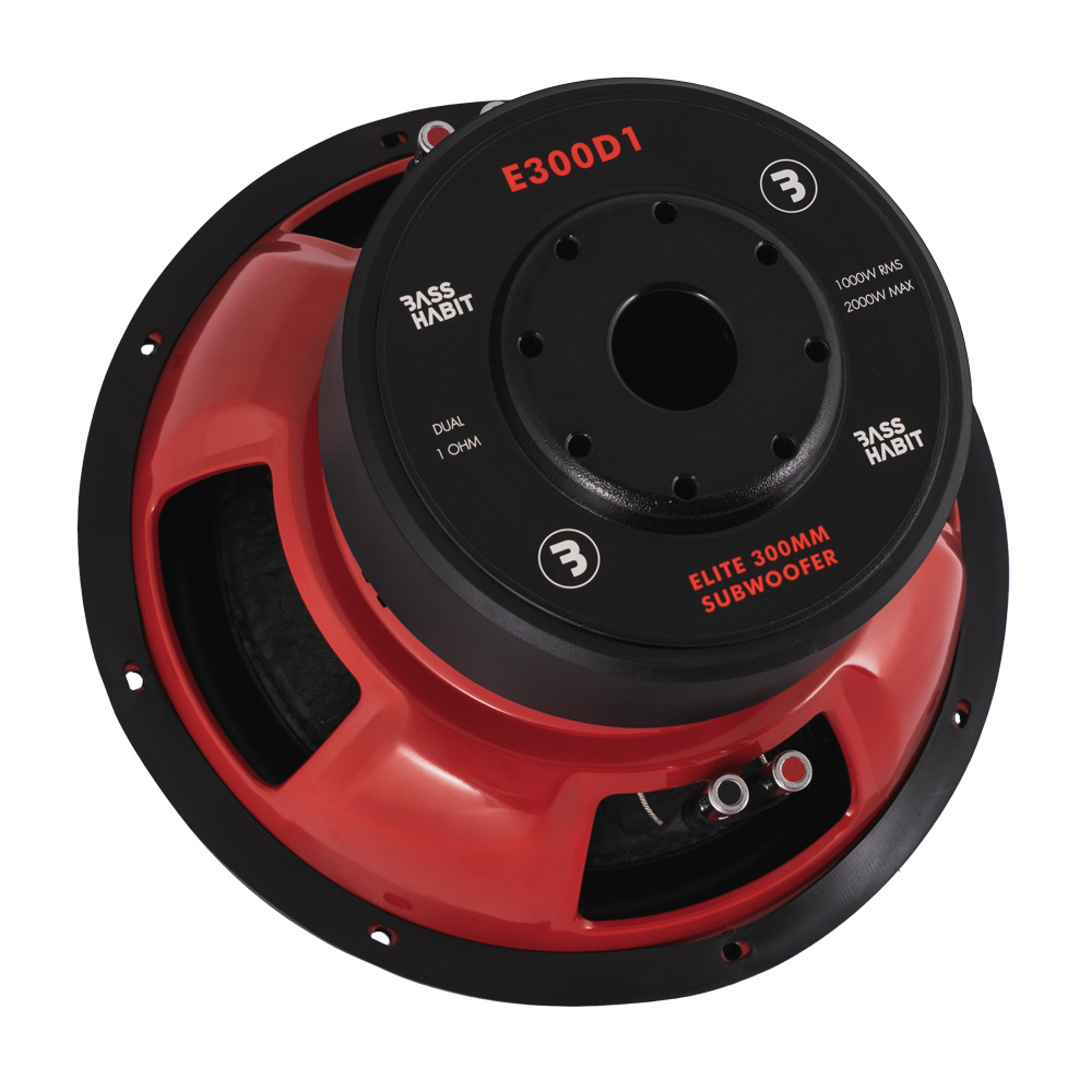 E300D1 subwoofer med röd detaljer, 12 tum, 1500W, dubbel spole.