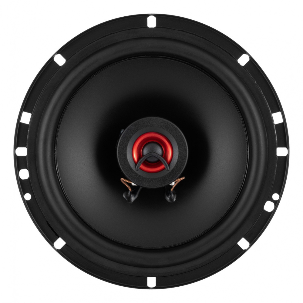 En koaxialhögtalare med en svart kon och röd mittdel.