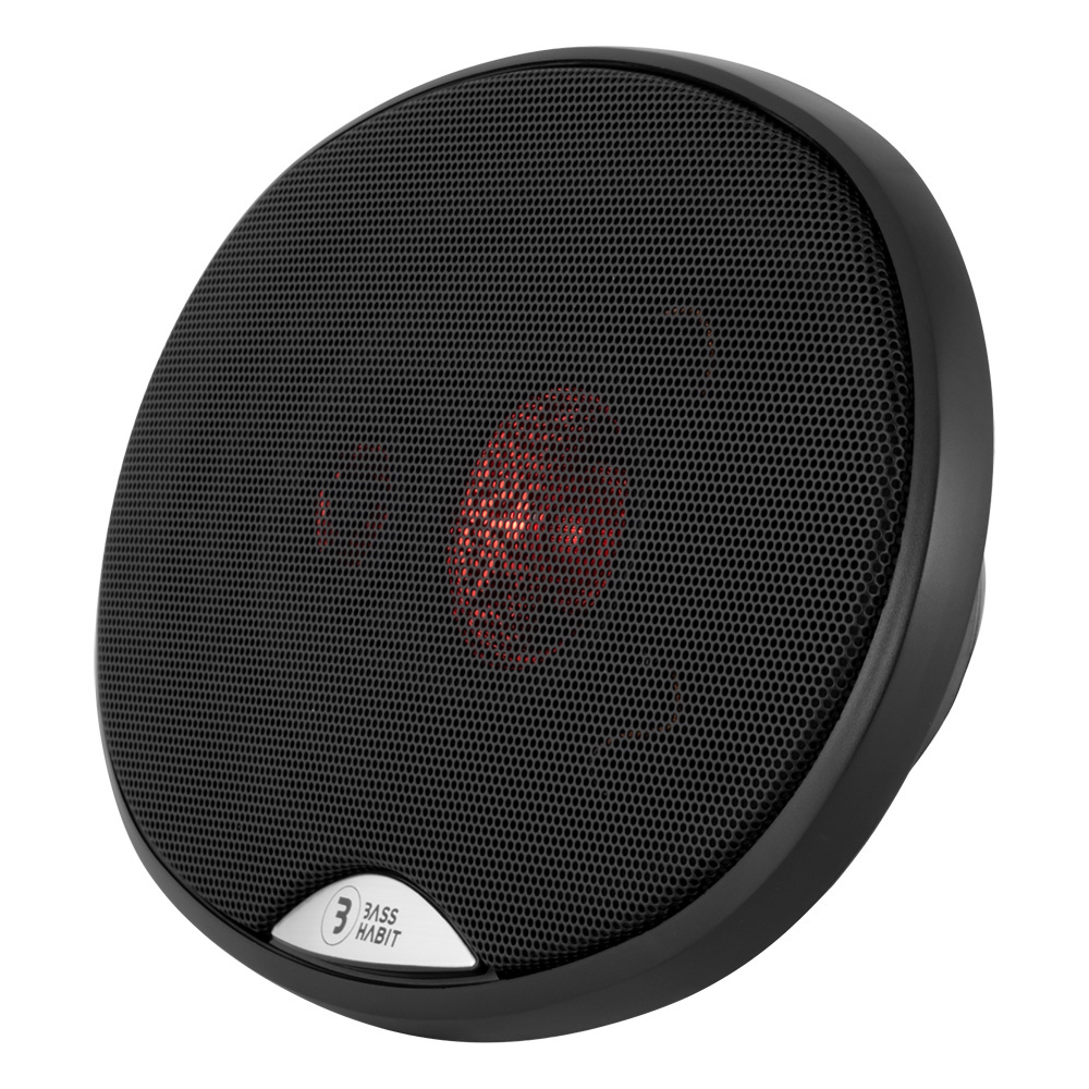 En rund koaxialhögtalare med svart galler och röd belysning.
