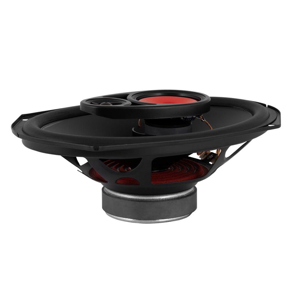 En koaxialhögtalare med svart och röd design, synlig bas och diskant.