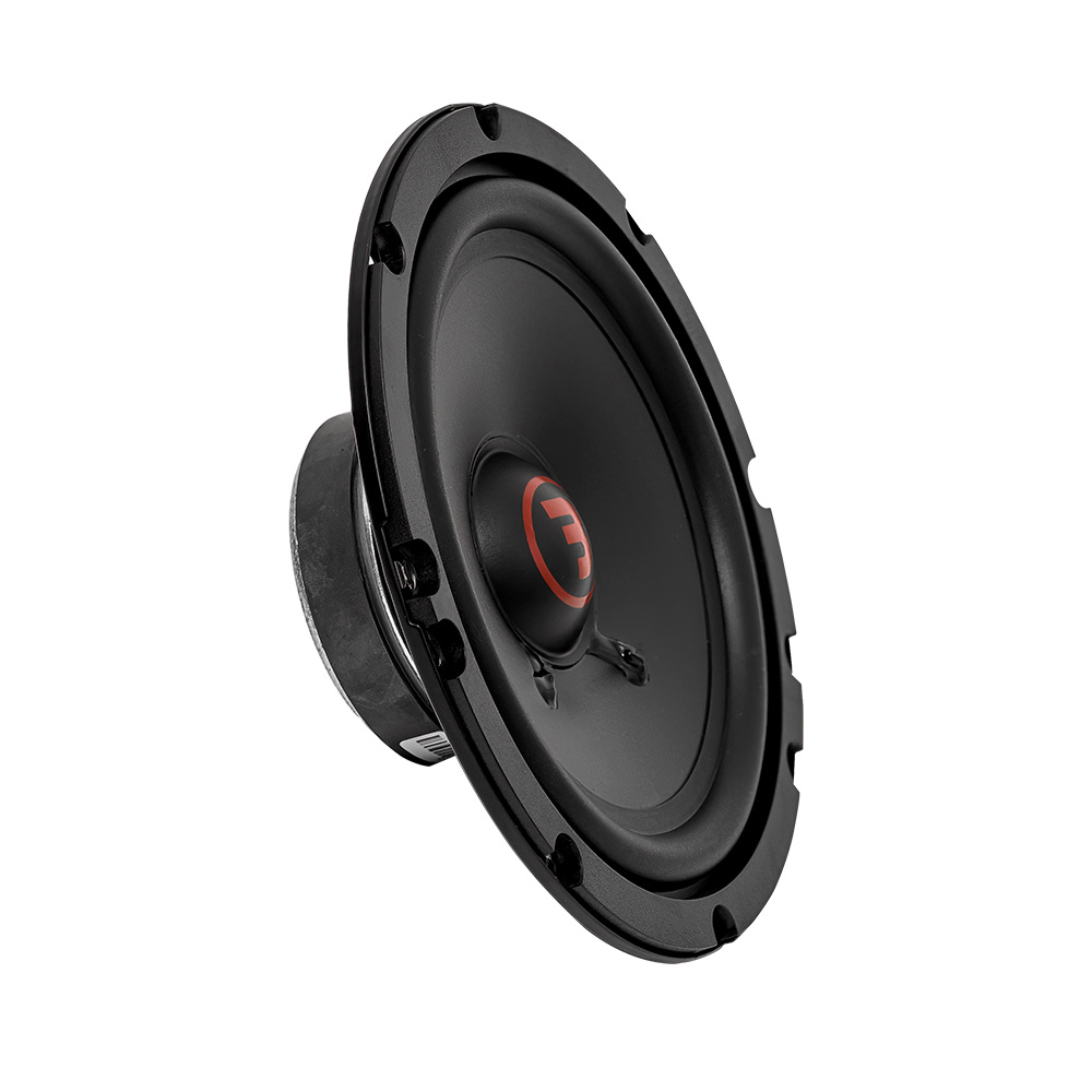 Högtalare i svart med röd logotyp, 6.5 tum, del av Bass Habit Rebel R165C kit.