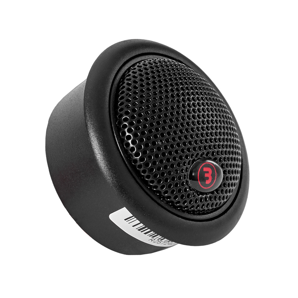 Detta är en svart högtalare med ett galler och en logotyp i mitten.