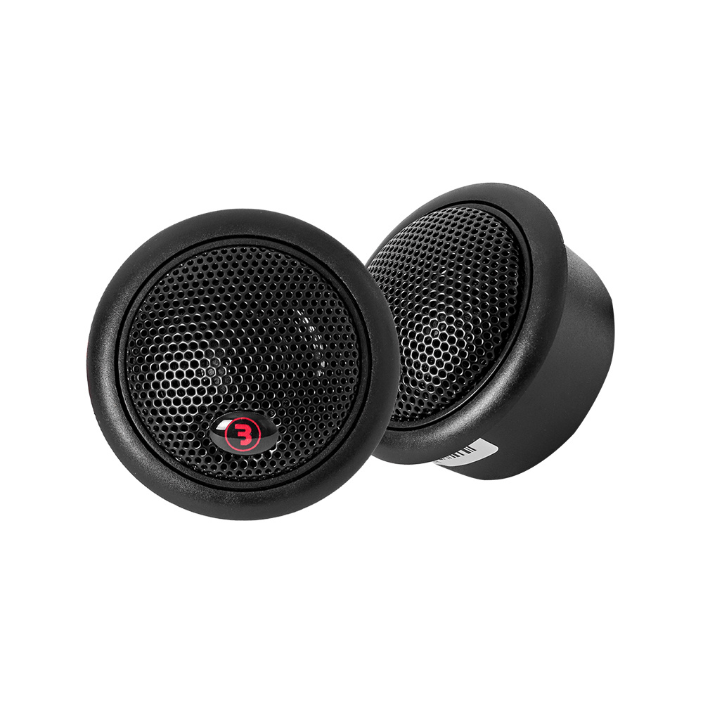 Två svarta diskant högtalare med galler och rundad design.