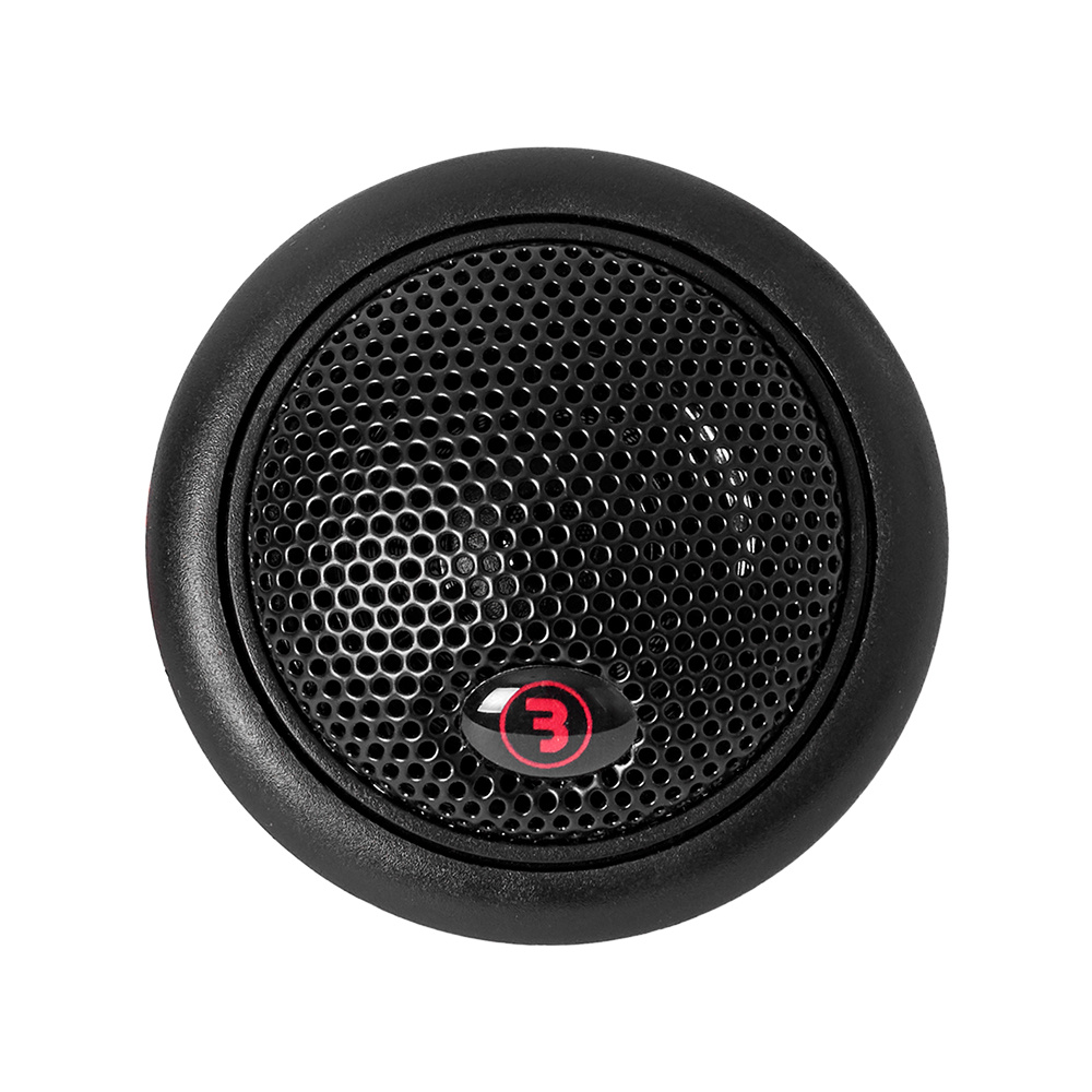 En svart högtalare med galler och logotyp, designad för diskantljud.